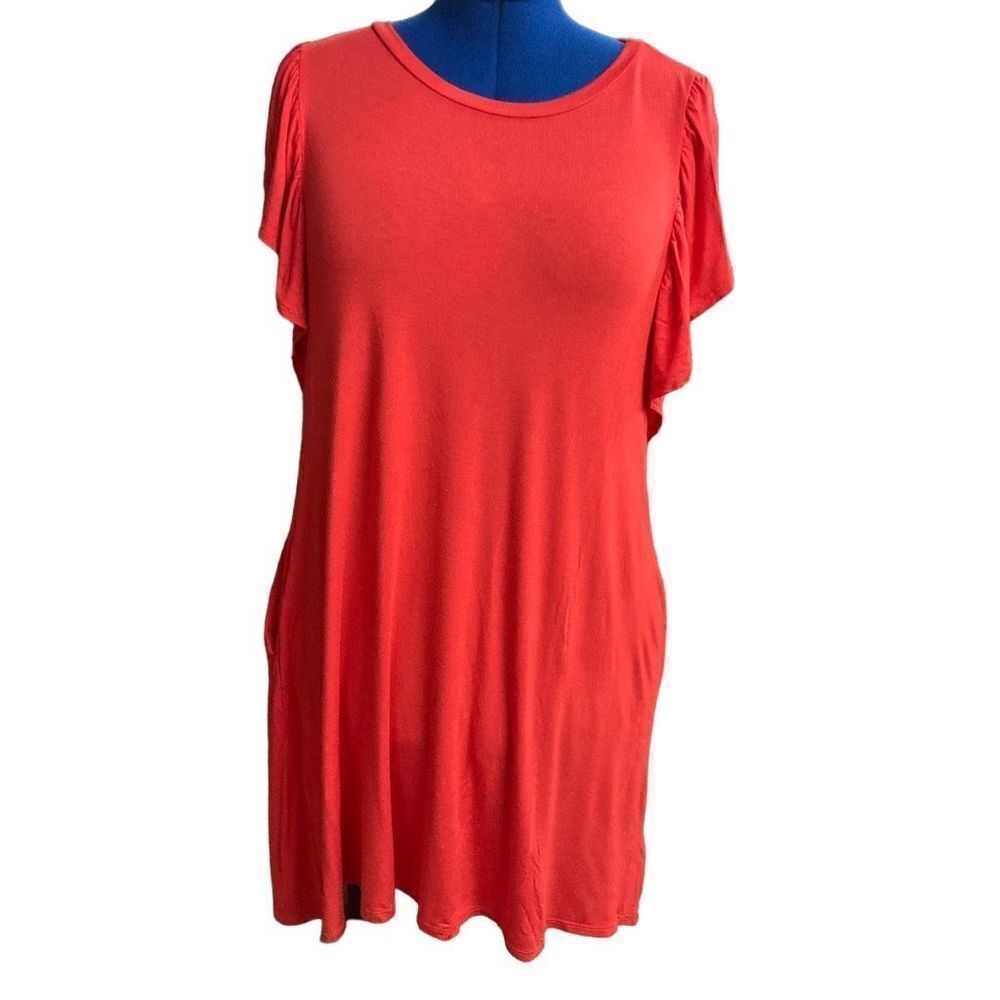 PERFECT‎ PEACH Women’s XL Flutter Sleeve Red/Orange Pocket Pull On Dress